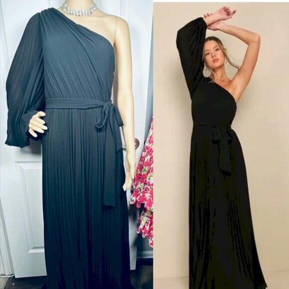 Lulus Divine Charm Black Pleated One-Shoulder Maxi Dress Size Small New NWT - Picture 3 of 14